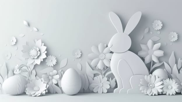 A textile Easter bunny with a paper cut design, surrounded by eggs and flowers on a background. This artistic piece showcases the beauty of rabbits and hares, perfect for the spring event AIG42E