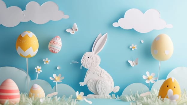 A cute paper Easter rabbit is surrounded by colorful Easter eggs, fluffy clouds, blooming flowers, and floating balloons in a joyful event of happiness AIG42E