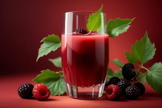 mulberry juice in a glass isolated on a red background .