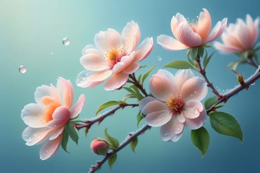 blooming pink peach flowers on a blue background.