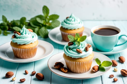 sweet muffins with cream, nuts on a wooden table .