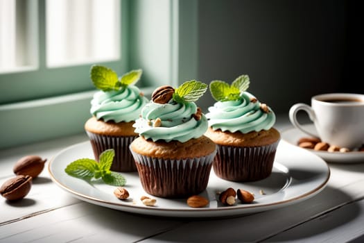 sweet muffins with cream, nuts on a wooden table .