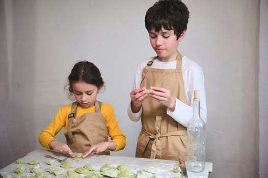 Cooking class for kids. Two diverse kids, a boy and a girl preparing family dinner, standing at floured kitchen table and modeling dumplings or Ukrainian varennyky in the rural house kitchen interior