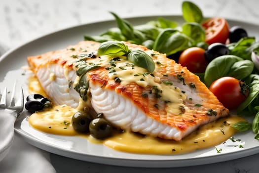baked fish with cheese and spices, with vegetables in a plate.