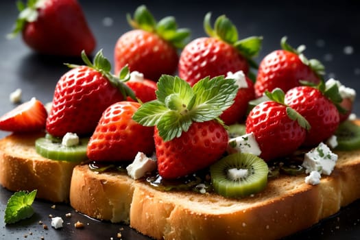 sandwich with fresh strawberries, kiwi, cottage cheese in a plate .