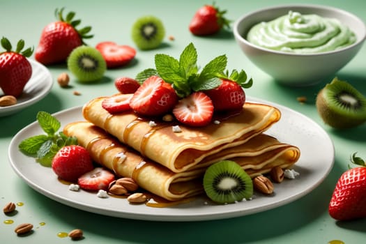 thin pancakes with fresh strawberries, kiwi, cottage cheese, in a plate .