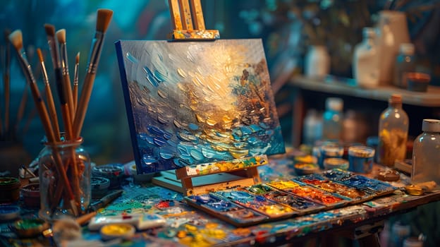 An electric blue painting sits on an easel beside a palette of paint and brushes in a city setting. Nearby are chic drinkware and barware on a table for an event