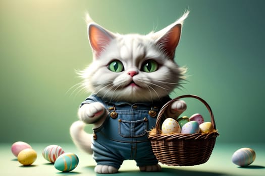 cute cat with Easter eggs in a basket, isolated on a green background .