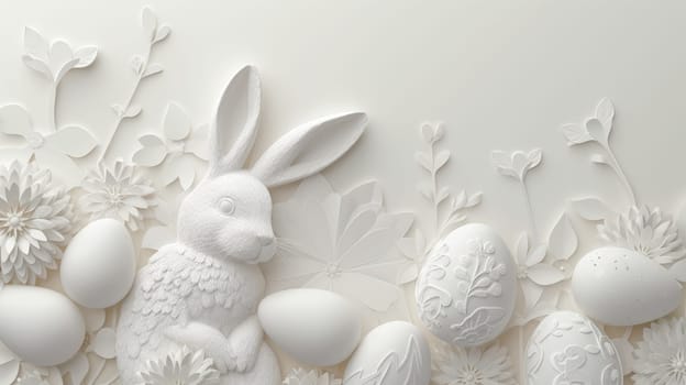 A textile Easter bunny with a paper cut design, surrounded by eggs and flowers on a background. This artistic piece showcases the beauty of rabbits and hares, perfect for the spring event AIG42E