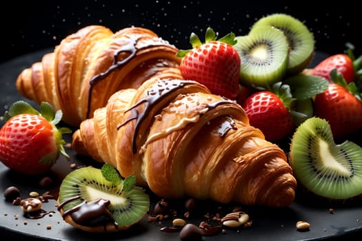sweet pastries, croissants with strawberries and other fruits .