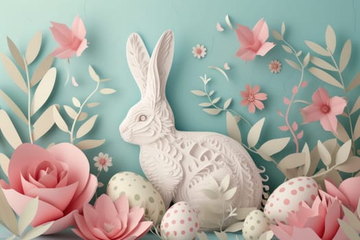 A textile Easter bunny with a paper cut design, surrounded by eggs and flowers on a background. This artistic piece showcases the beauty of rabbits and hares, perfect for the spring event AIG42E