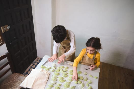 Kids modeling dumplings, standing at floured table at home kitchen interior. Top view of a brother and sister preparing a family dinner together, sculpting varennyki according to traditional recipe