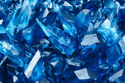 A close up of blue crystals. The blue color is very bright and vivid. The crystals are all different shapes and sizes, but they all have a similar blue hue. The image gives off a sense of calm
