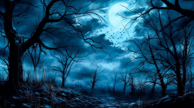 A dark forest with a full moon in the sky. The moon is surrounded by a few birds flying in the sky