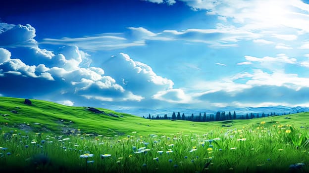 A large field of grass with a few trees in the background. The sky is blue with some clouds