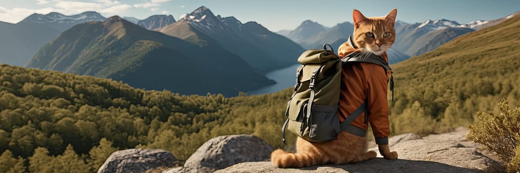 Cat in traveler gear walks mountain trail, carrying backpack. The concept of traveling to the mountains, hiking in different beautiful places