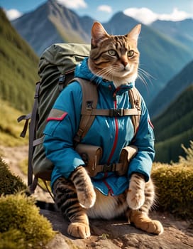 cat is wearing a backpack and a blue jacket, standing on a rock in a mountainous area