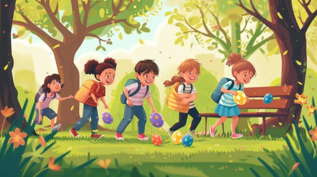 A group of happy children are playing with Easter eggs under a tree in the park, surrounded by green grass. They laugh and have fun, like characters in a cartoon AIG42E