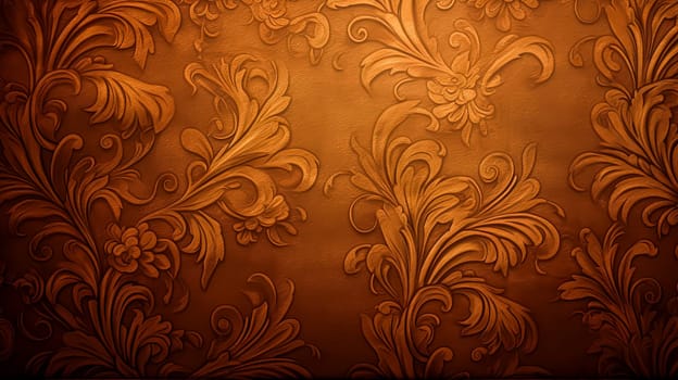 A brown and gold floral wallpaper with a floral design. The wallpaper is ornate and has a warm, inviting feel