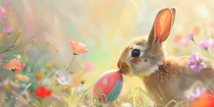 Two rabbits, one fawn and one wood rabbit, are holding an Easter egg in their mouths. This adorable wildlife painting captures the Easter event perfectly AIG42E