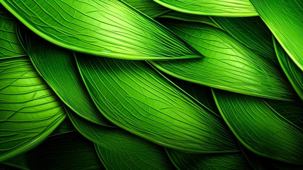 A close up of green leaves with a lush green background. The leaves are arranged in a way that creates a sense of depth and texture