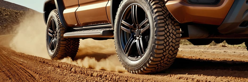 truck is driving on a dirt road with a lot of dust. The tires are black and the truck is leaving a trail of dust behind it