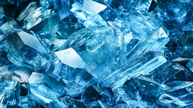 A blue crystal formation with many pieces. The blue color is very bright and the crystal formation is very large