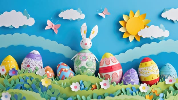 An adorable bunny surrounded by colorful Easter eggs in a picturesque grassy field, capturing the sweetness and beauty of the spring event through a charming illustration AIG42E