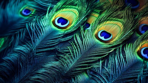 A close up of a group of peacock feathers, with their vibrant colors and intricate patterns. The feathers are arranged in a way that highlights their beauty and uniqueness, creating a sense of awe