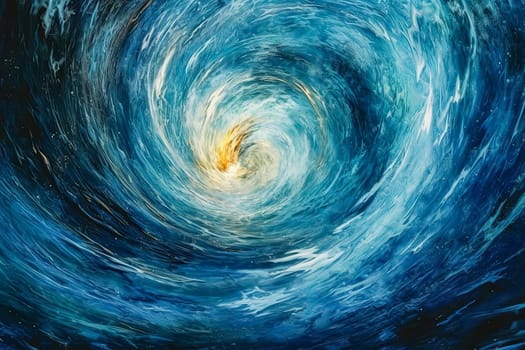 A blue spiral with a white center. The ocean is filled with stars and the spiral is surrounded by a blue sky