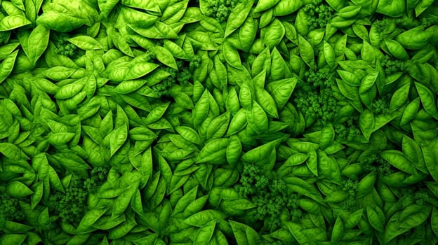 A close up of green leaves with a lush green background. The leaves are arranged in a way that creates a sense of depth and texture