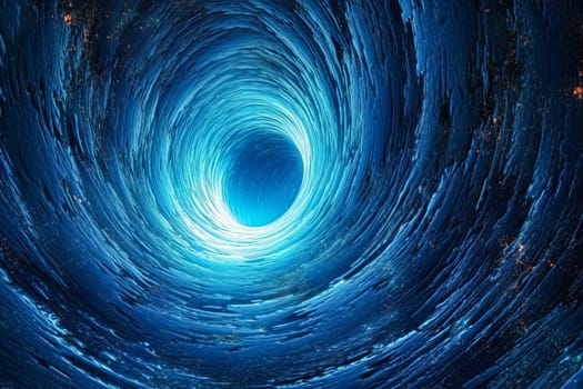 A blue spiral with a white center. The ocean is filled with stars and the spiral is surrounded by a blue sky