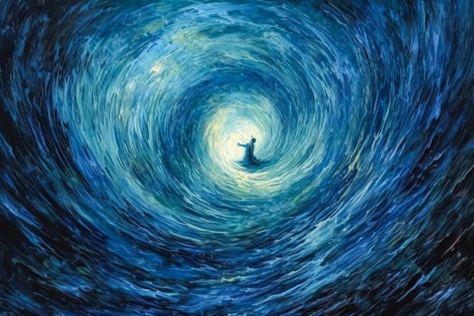 A blue spiral with a white center. The ocean is filled with stars and the spiral is surrounded by a blue sky