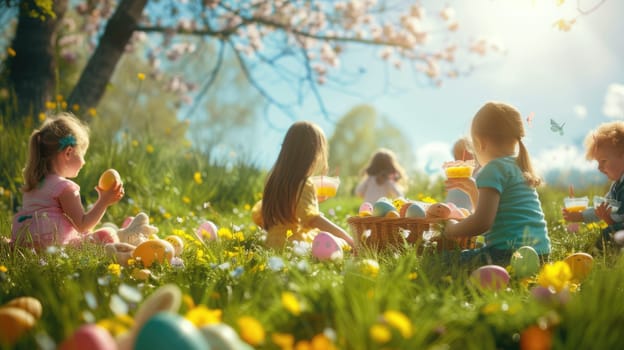 A happy group of children are leisurely sharing food on their tableware at a picnic in the grass, with big smiles on their faces AIG42E