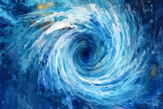 A blue spiral with a white center. The ocean is filled with stars and the spiral is surrounded by a blue sky