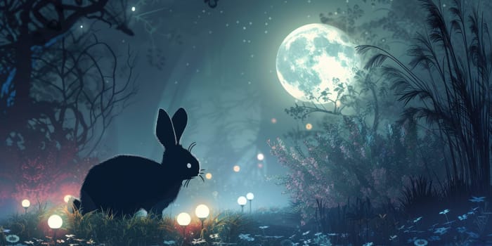 A rabbit is perched in the natural landscape of grass, beside an Easter egg. The scene combines elements of plant life and a festive event AIG42E