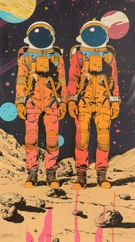 Two astronauts are enjoying a fun painting event on a distant planet, wearing personal protective equipment as they create art with colorful patterns and visual arts on their sleeves