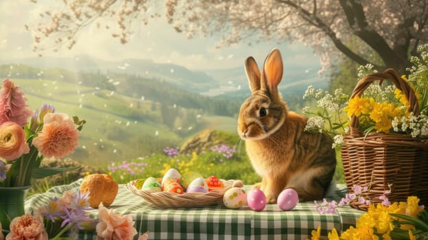 Under the clear blue sky, the rabbit sits on a picnic table surrounded by Easter eggs and lush green grass. The natural beauty of the scene resembles a piece of art in nature AIG42E