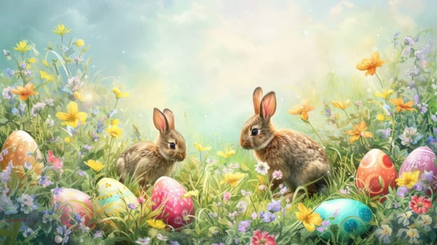 Two rabbits are lounging in a grassy field adorned with colorful Easter eggs and vibrant flowers. The scene resembles a painting showcasing the beauty of nature AIG42E