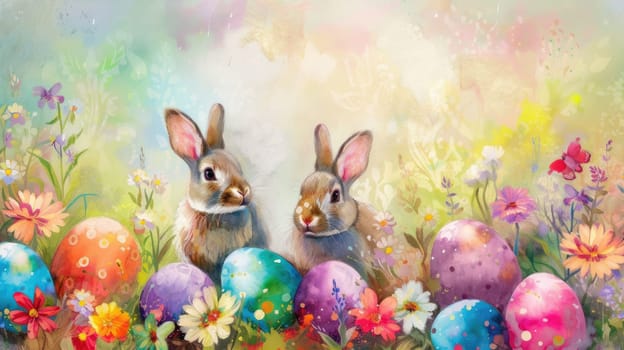 Two rabbits are lounging in a grassy field adorned with colorful Easter eggs and vibrant flowers. The scene resembles a painting showcasing the beauty of nature AIG42E