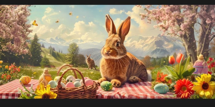 Under the clear blue sky, the rabbit sits on a picnic table surrounded by Easter eggs and lush green grass. The natural beauty of the scene resembles a piece of art in nature AIG42E