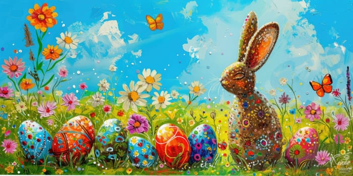 A painting of a bunny rabbit amidst Easter eggs and flowers in a natural landscape, with a blue sky dotted with clouds, plants, and green grassland AIG42E