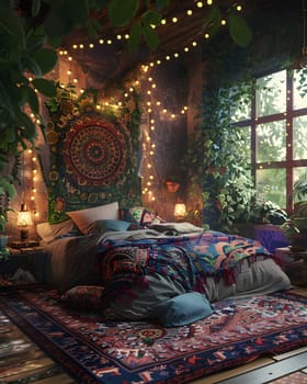 A cozy bedroom with a comfortable bed, soft rug, warm lights, and a beautiful tapestry hanging on the wall. The room exudes comfort and style