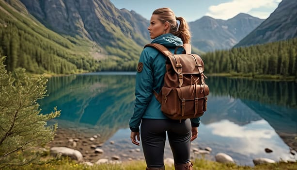 A woman is standing in front of a lake wearing a blue jacket and a brown backpack. Concept of adventure and exploration, as the woman is likely preparing for a hike or a camping trip in the mountains