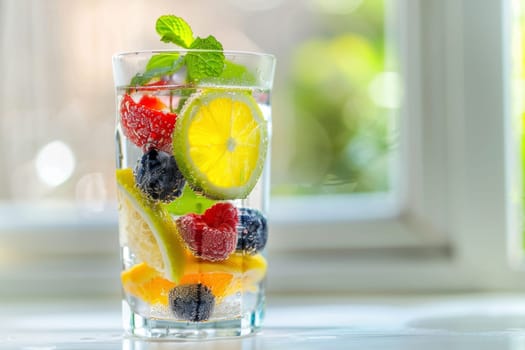 A translucent glass filled with citrus and berry-infused detox water, garnished with fresh mint on a bright day