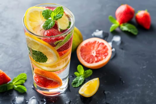 A sparkling glass of detox water brimming with sliced strawberries, blueberries, kiwi, and mint leaves on a dark wet surface