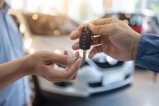 A close-up of a car key being handed over from one person to another, symbolizing a new purchase or rental.