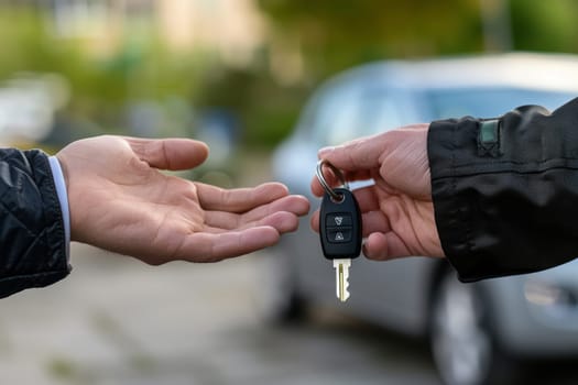 A close-up of a car key being handed over from one person to another, symbolizing a new purchase or rental.