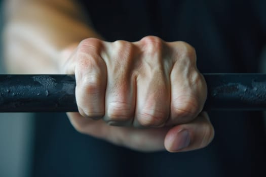 Close-up of a determined grip on a rehabilitation bar, showing the textures and effort in the hand's muscles and skin.
