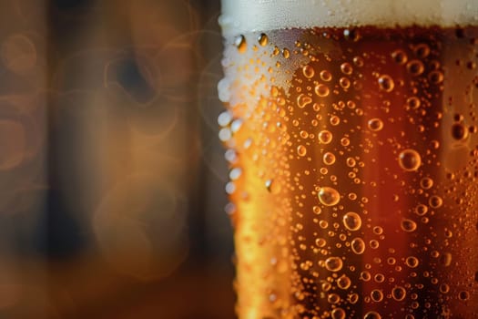 A close-up of a glass of cold craft beer, the condensation beads creating an inviting texture against a blurred warm background